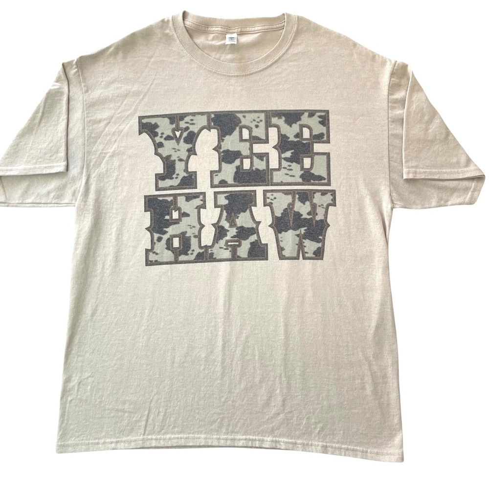 Jerzees DRI-Power SzL Beige Short Sleeve Tee Shirt YEE HAW Camouflage Graphic